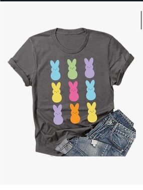 Girls' Dark Gray Bunny Peep Graphic Tee - Colorful Pastel Bunnies